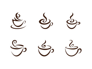 Set of stylized coffee cup icons in brown color, each with unique steam swirl designs, perfect for café logo, coffee shop branding, or menu design
