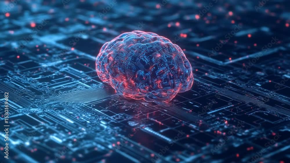 Poster artificial intelligence: brain model integrated into a complex circuit board