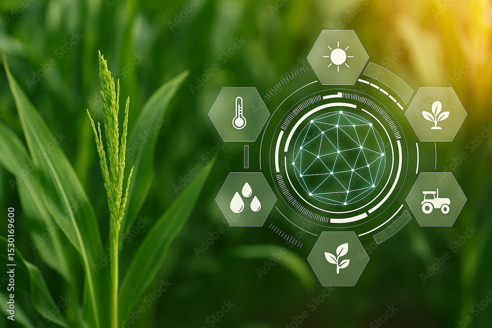 Poster ai generated image of smart farming system in green cornfield with sci fi style hud showing icons fo
