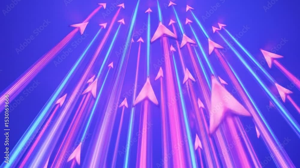 Poster ascending arrows with neon trails: abstract visual metaphor for progress and success