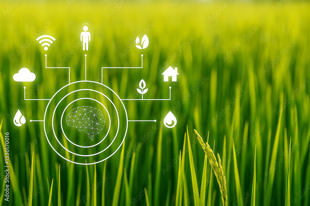 Poster ai generated digital image showing a smart agriculture concept with ai brain interface over green ri