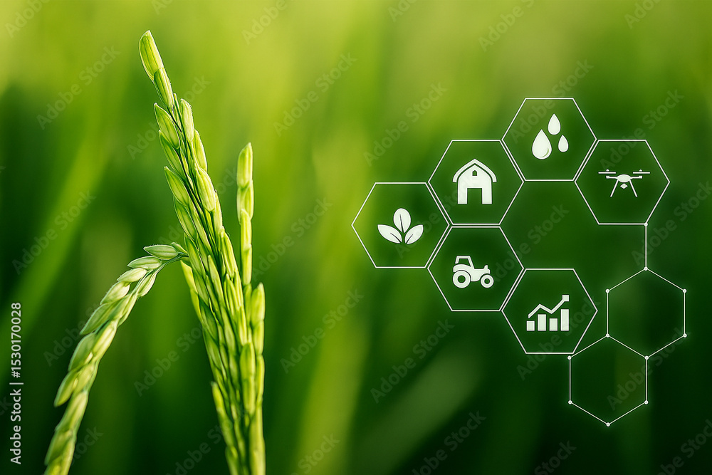 Poster ai generated close-up of green rice with futuristic hud displaying precision farming icons including
