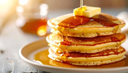 Appetizing Golden Pancakes, Syrup and Butter