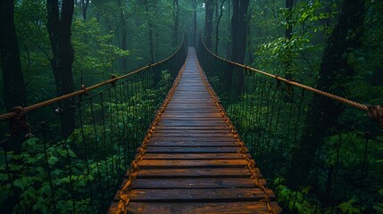 Misty forest suspension bridge.