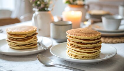 Pancake Breakfast Table, Flowers and Candles, Rustic