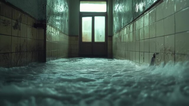 Mysterious indoor flood in an old tiled building with water flowing, showcasing damage