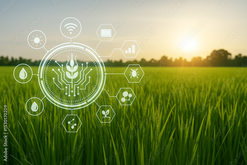 Poster ai generated image of a green rice field with digital hud interface showing iot connectivity crop st
