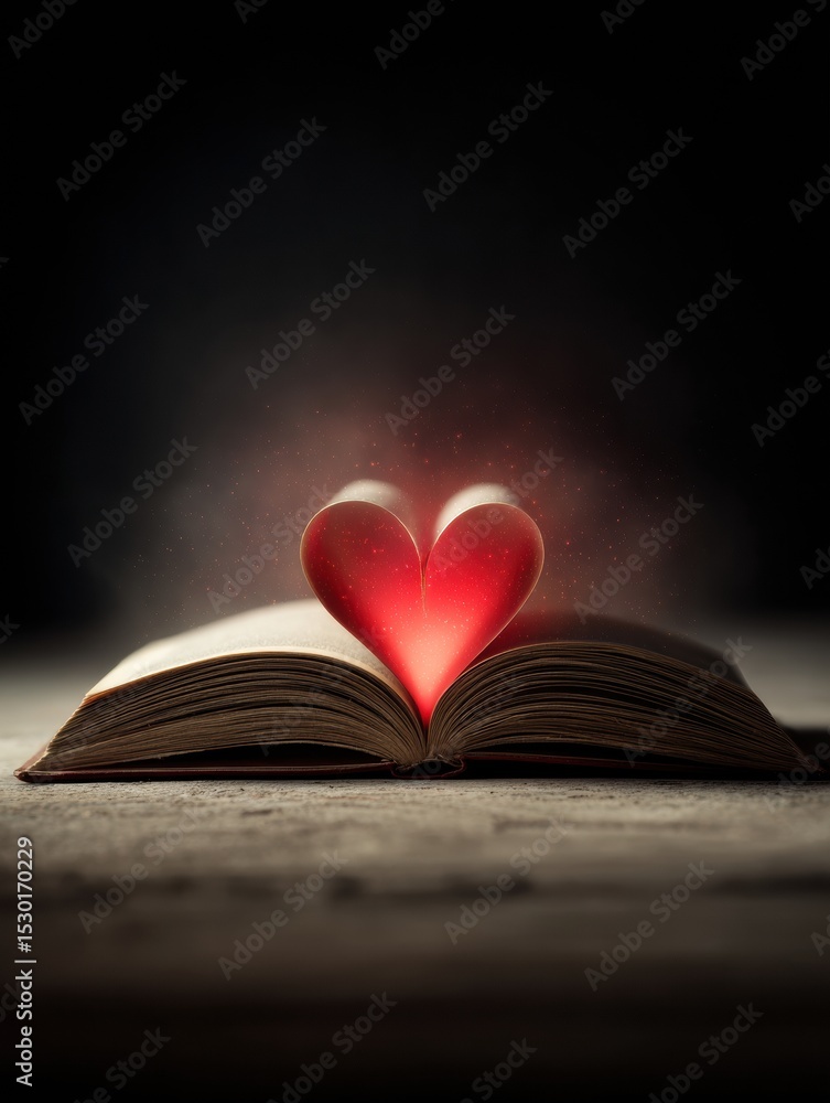 Poster open book glowing with heart symbol captures romantic themes and storytelling in a tranquil setting