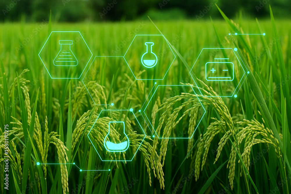Aufkleber ai generated image of a lush rice field enhanced with biotech digital overlay showing lab tools nutr