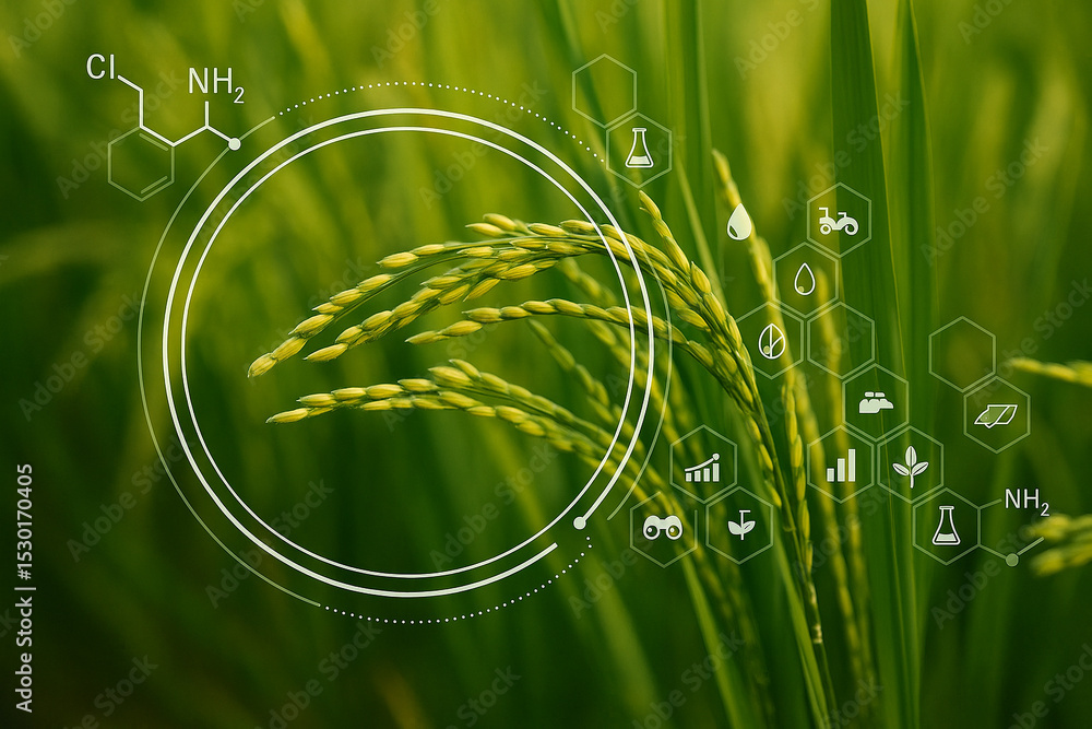 Poster ai generated digital rice field with biotech hud showing nutrient and growth analysis in a precision