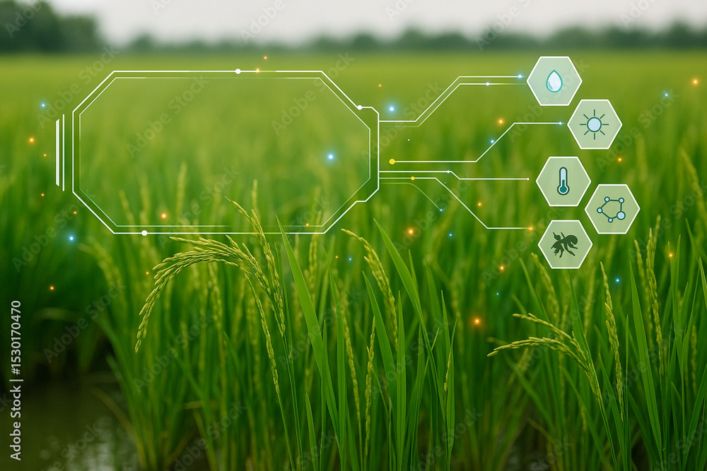 Poster ai generated image of green rice field with digital hud interface showing real time data on sunlight