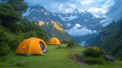 Two orange tents on grassy mountain slope with majestic snow-capped peaks and valley in background.