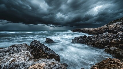 Ocean Waves Crashing on Rocky Shore Under Dark Stormy Sky