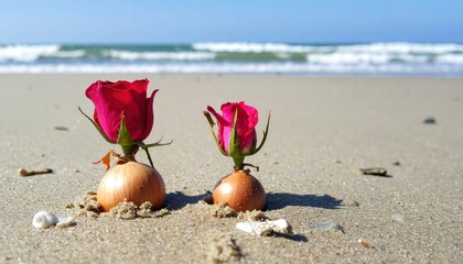 Surreal beach scene: Roses emerging from onions nestled on sandy shores