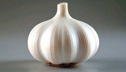 Closeup of a fresh with whole garlic bulb with a grey studio background.