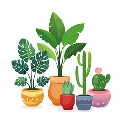 Obraz premium Indoor Plants Collection Monstera, Fiddle Leaf Fig, Snake Plant, Cactus, and More in Colorful Ceramic Pots – Vector Illustration