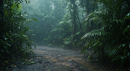 Rainy Green Forest Trail with Lush Tropical Vegetation
