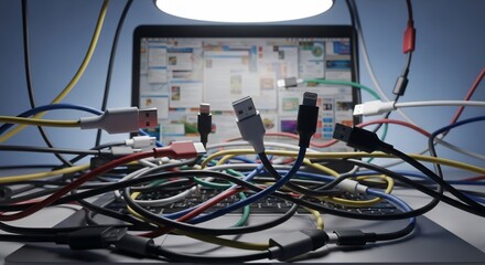 Tangled usb cables laptop mess data transfer connection technology clutter organization digital devices