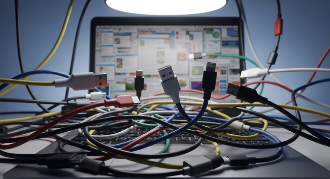 Tangled usb cables laptop mess data transfer connection technology clutter organization digital devices