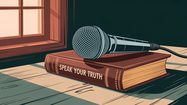 Malala day illustration of microphone resting on speak your truth book near window