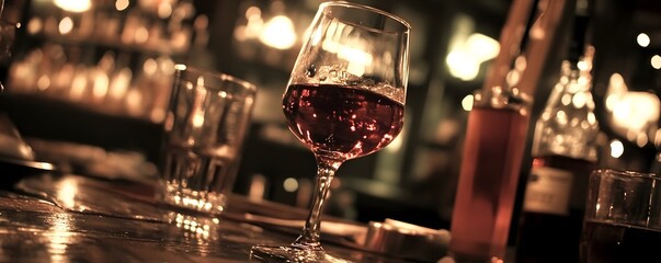 A glass of red wine on a bar top.
