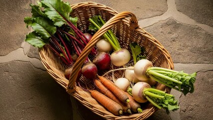 A woven basket filled with fresh organic vegetables, including carrots, beets, and turnips, highlighting natural textures and colors - Powered by Adobe