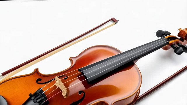 Close-up view of a brown wood violin with black strings and a bow isolated on a white background for orchestra music