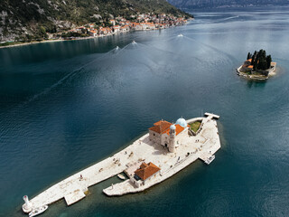 Drone view of the Church of Our Lady of the Rocks and Island of Saint George, Montenegro, Europe.