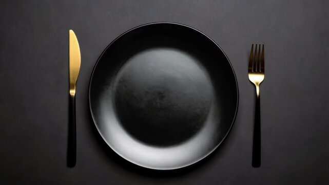 Elegant minimalist place setting with a black plate and gold utensils on dark surface