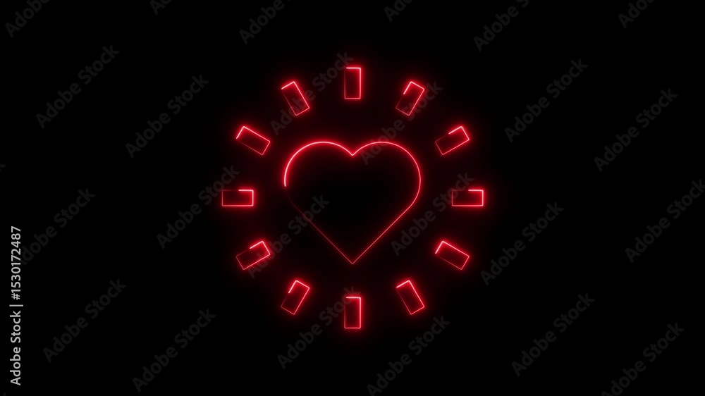 Poster glowing red neon heart surrounded by illuminated rectangular beams on a black background