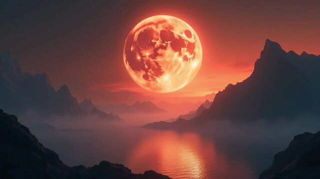 Full red moon shines over calm lake surrounded by misty mountains. Serene night nature backdrop. Eerie lunar landscape.