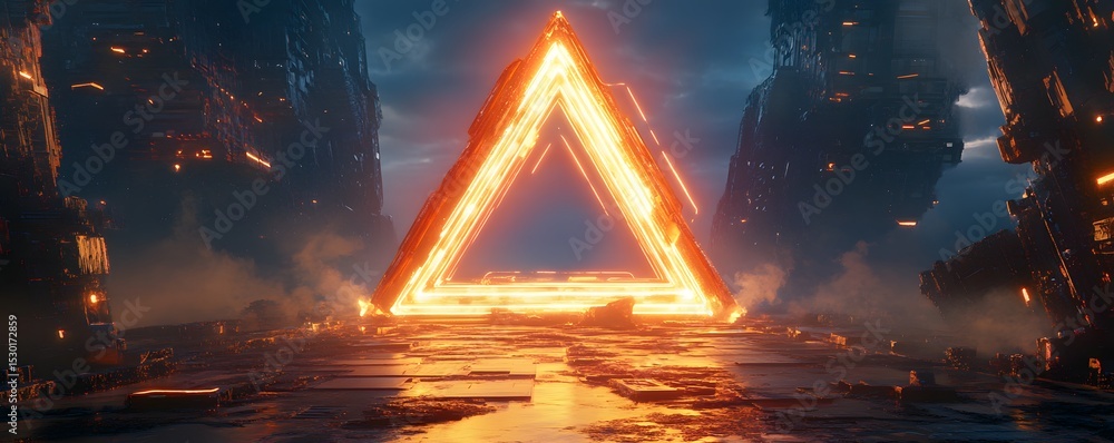 Aufkleber fiery triangular gateway in a futuristic landscape.
