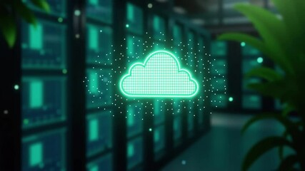 Cloud icon inside a server room environment representing data management and processing for technology or business projects. - Powered by Adobe
