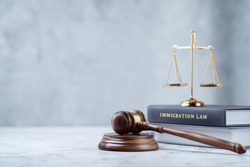 Immigration law book with judges gavel. Refugee citizenship law concept 