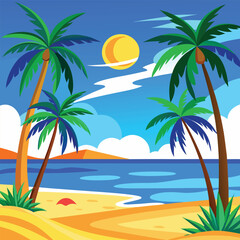 Colorful Tropical Beach Vector with Palm Trees and Ocean View
