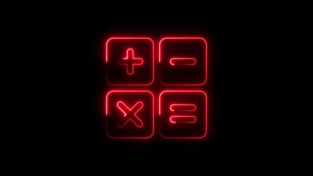 Glowing red neon calculator math symbols on black background for digital display