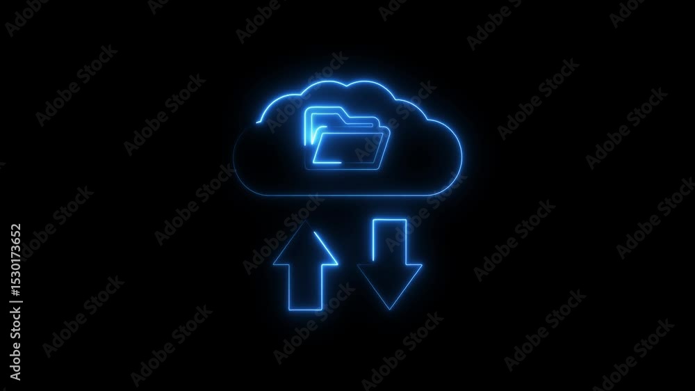 Aufkleber animated blue neon cloud computing folder with upload and download arrows on black background