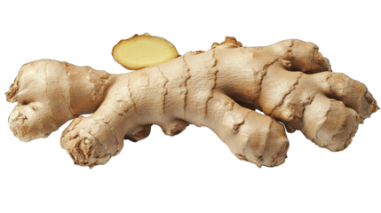 A Whole Ginger Root With A Sliced Piece On A Transparent Background
