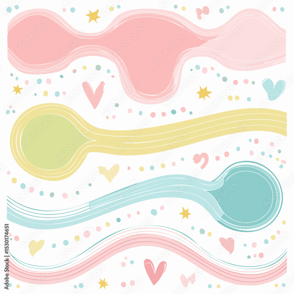 Poster vector of wavy blobs, pastel highlight shapes, and decorative tape strips in a trendy layout on whit