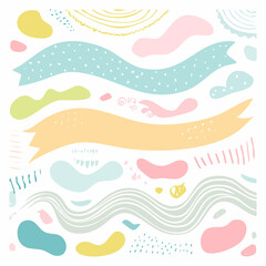 Vector of wavy blobs, pastel highlight shapes, and decorative tape strips in a trendy layout on white.