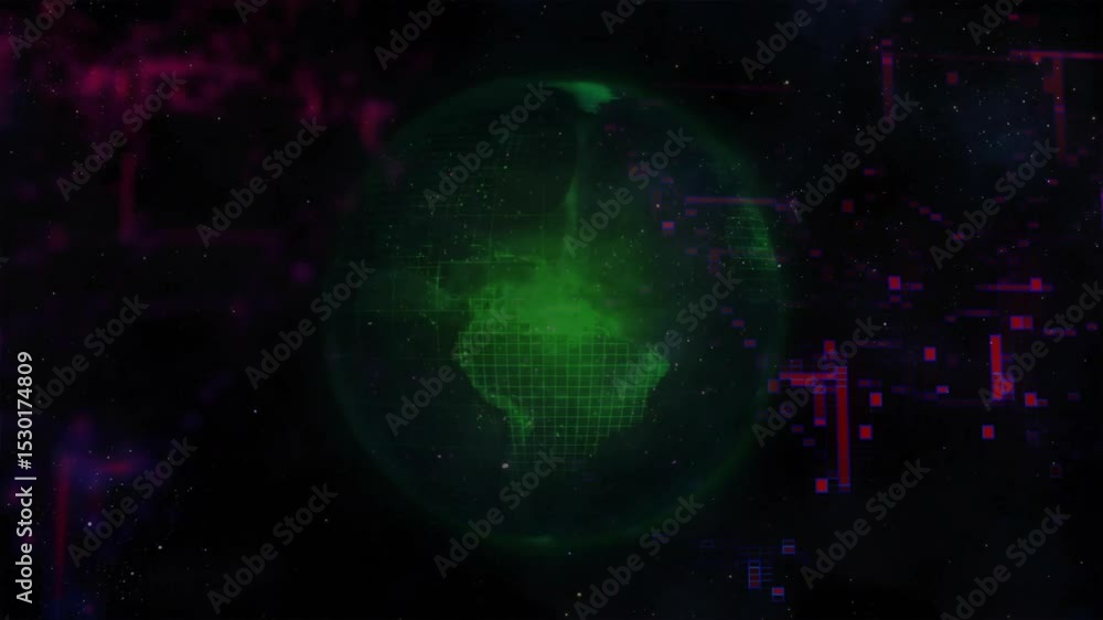 Poster at start stars filling frame, sphere sharpening into grid-lined globe rotating visualizing network