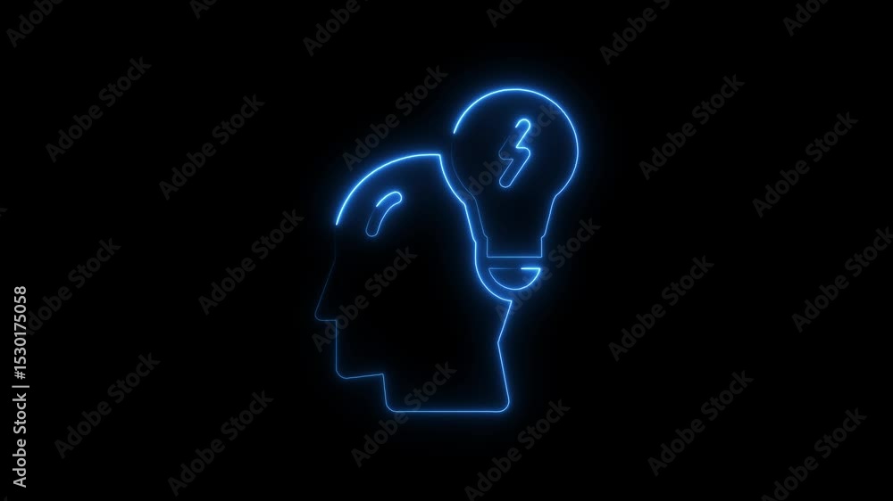 Poster glowing neon outline of a head with an illuminated lightbulb concept of idea creation