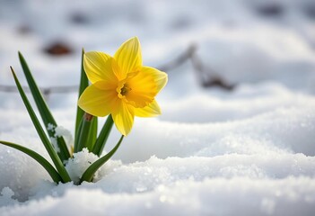 Fototapeta premium A tenacious daffodil bravely pushes through melting snow, its yellow bloom a beacon of spring, bloom, image