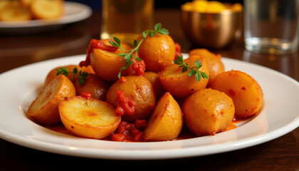Plate of seasoned potatoes with herbs on wooden table