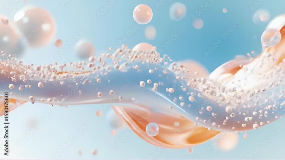 Poster abstract iridescent wave with spheres in light blue background fluid motion graphic design with smoo