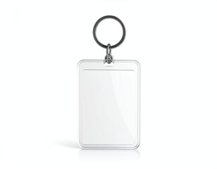 Mockup of a blank clear acrylic keychain with metal keyring, displayed on a clean white