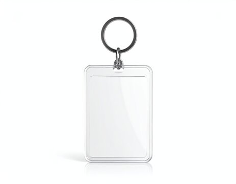 Mockup of a blank clear acrylic keychain with metal keyring, displayed on a clean white