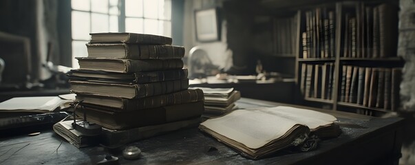 A collection of old books on a wooden desk in a dimly lit room.