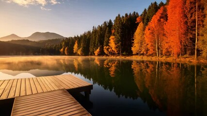 Wooden dock stretches onto a tranquil lake surrounded by autumn trees at sunrise with fog rising above water - Powered by Adobe