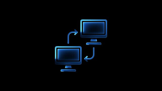 Glowing computer screen icons with arrows representing data transfer on black background